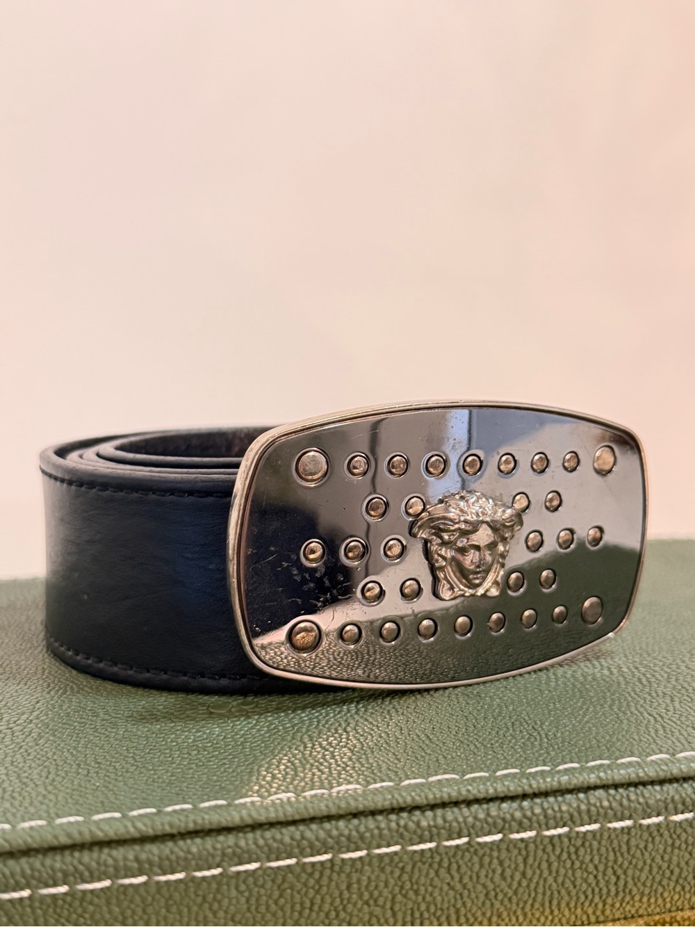 Versace Black Leather Belt with Silver Medusa Buckle (85 CM)